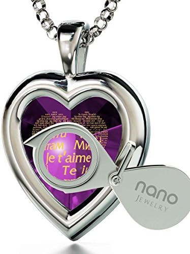 925 Sterling Silver Heart Pendant I Love You 24ct Gold Inscribed 120 Languages CZ, 18" NanoStyle Jewellery