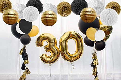 Paxcoo 73 Pcs Black and Gold Tissue Paper Pom Poms Lanterns with Balloons for Birthday Party Decorations