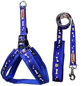 Petshop7 Printed Mesh Dog Harness & Leash with Sponge Padding (Chest Size Adjustable : 25- 34inch) (Blue)