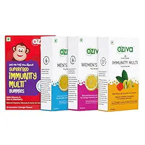 OZiva Family Immunity Multivitamins With Vitamin C & Zinc| Multivitamin for Men Fizzy Drink + Immunity Multi Fizzy Drink + Multivitamin for Women Fizzy Drink + Superfood Immunity Multi Gummies for Kids | Immunity Boosters for Adults, 18 Effervescent + 30 Kids Gummies (Pack of 4)