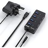 VEMONT 4-port USB 3.0 Hub,Ultra Slim High-Speed USB Splitter Extension Data Hub with Powered Supply Adapter Individual LED Sw