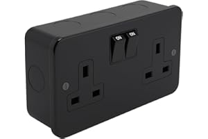 SHPELEC SH|P® Double Switched Socket – 13A Matt Black Metal Clad 2 Gang Plug Outlet with Metal Surface Back Box – Heavy Duty, Modern Finish, BS 1363 Certified (2 Gang Socket)