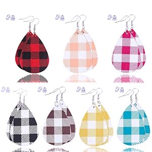 Colle 7 pairs Leather Buffalo Earring Women's Drop Dangle Earrings Plaid Faux Leather Sheet Earrings Buffalo Earring Girls Earrings