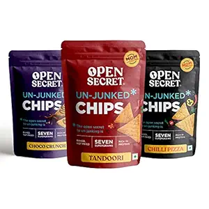 Open Secret Assorted Unjunked Supergrain Chips - 16 Packs - Chilli Pizza - Chocolate Crunch - Tandoori Chips - No Added Maida | Baked | Healthy Snacks Food for Kids | Rich in Protein | Diet Combo Pack