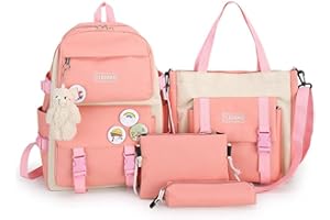 MBVBN 4pcs School Bags Set Kawaii Backpacks for Teen Girls School Backpack School Aesthetic Backpack with Accessories, Pink, Large