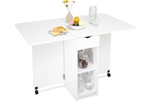 Mondeer Tavolo da Pranzo, Tavolo Pieghevole con Ruote e 1 Cassetti per 4-6 Persone, Tavolo da Cucina per Piccoli Spazi, Salvaspazio, 120 x 72 x 75 cm, Bianco
