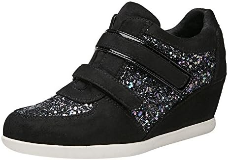 Yirenhuang Women's Hook&amp;Loop Hidden Wedge Paillette Suede Leather Sneakers Trainers Shoes Black SN02056 UK3.5