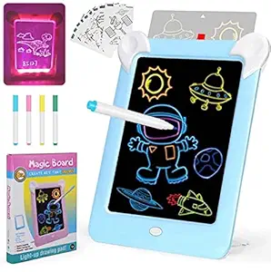 TMG Kids Light-Up Writing Tablet,10 Inch Writing Doodle Board |3D Light-Up Luminous Magic Drawing Pad Toys -ABC Graphics Handwriting Tablet for Kids Toddlers, Erasable Sketching Notepad (Blue)
