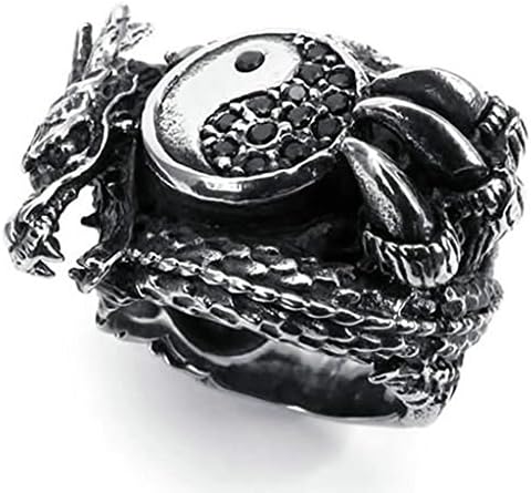 Gnzoe Jewelry,Mens Stainless Steel Rings Bands, Tai Chi Retro Punk Gothic Dragon Biker Black Silver Size N 1/2