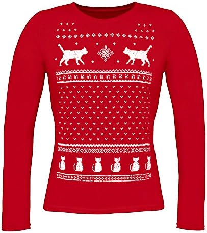 Women Christmas Cat Long Sleeve T-Shirt - Cat Lovers Alternative To The Christmas Jumper (Large - UK 12)
