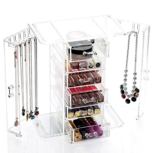 Schmuckkasten aus Acryl Schmuckaufbewahrung mit 6 Fächern und 2 Seitentüren mit Kettenhaken Kosmetik Aufbewahrungsbox von der Marke MyBeautyworld24