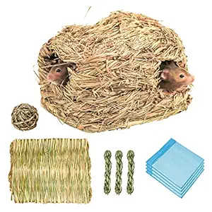 suruikei Rabbit Grass Bed with Grass Mat,Bunny Hay Mat Pet Bedding Chew Toys Natural Woven Grass House for Small Animal Bunny Hamster Chinchillas Guinea Pigs Ferret Gerbil Rat (10PCS)