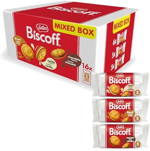 Lotus Biscoff | Confezione Mista Sandwich | 3 Gusti: Gusto Vaniglia, Crema Biscoff & Gusto Cioccolato | 5 Biscotti Sandwich per Confezione | Senza Coloranti | 16 x 50g | 800g