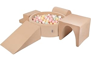 KiddyMoon Velvet Aire De Jeux En Mousse Avec Rond Piscine À Balles (300 Balles)Fosses À Boules Pour Enfants Jouets Parcours Obstacles, Beige Sableux:Beige Pastel/Jaune Pastel/Blanc/Menthe/Rose Poudré