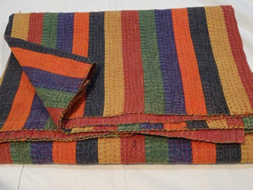 Hand Crafted &amp; Hand Stitched Step By Stap Seven Color Simple Pattern Design Printed 100% Cotton Multi-Color Double kantha Quilt Bedspreads Size -90 x 108 Inch