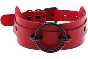 Borsgye Punk Leather Goth Choker Collar Adjustable Rock PU Leather Choker Necklaces Teen Girls Cosplay Jewelry Vintage Necklaces Black Circle – Red