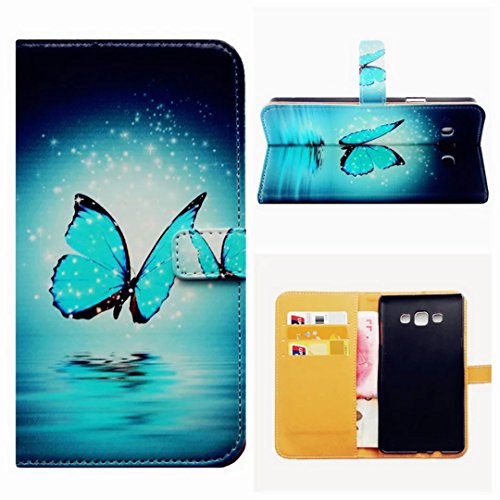 MUTOUREN Samsung Galaxy A7 (2015) Brieftasche Flip Case Cover – PU Leder Bookstyle Klapphülle Wallet Case für Samsung Galaxy A7 (2015) Portemonnaie Hülle Schutz Ultra Dünn Handy Tasche Geldboerse Schutzhülle – Blau Schmetterling + Metall Stylus Pen - 2