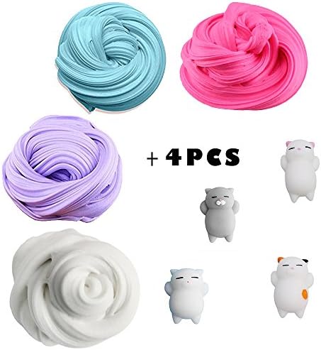 Wilsea Fluffy Slime Putty Floam Slime with Storage Container Sensory Play Stress Relief Toy ADHT ASMR No Borax with Nice Fragrance for Kids and Adults + 4PCS Squishies Slow Rising