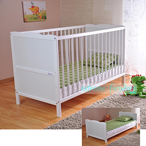 White Solid Wood Baby Cot Bed & Deluxe Foam Mattress Converts into a Junior Bed - ?3 Position Base Heights ?4 inch Mattress ?RRP£210 (White)