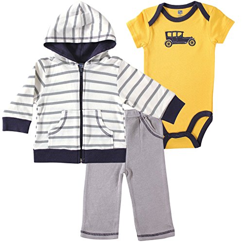 Hudson Baby Hoodie, Bodysuit and Bottoms Set (6-9 Months, Grey & Yellow Car)