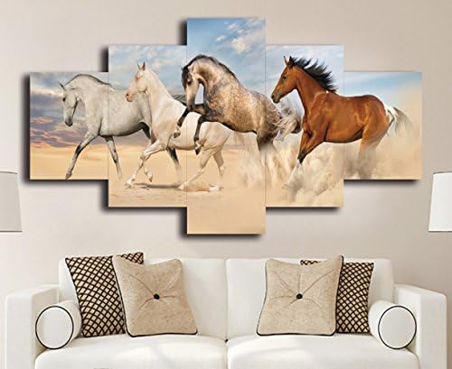 Oufeiyan Running Horses Posters and Prints Modern Landscape Painting Pictures Wall Art for Living Room Home Decor Gallery-wrapped Canvas Art 5 Piece Set Framed(60''W x 32''H, Artwork-04)