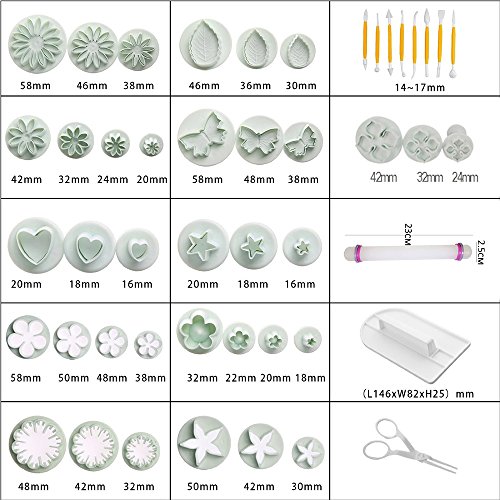 ilauke DIY 47tlg. Ausstecher Ausstechform Stempel Modellierwerkzeug Glätter Fondant Marzipan Tortendeko & Klein Marzipan-Messer Kuchen Cutter mit Dekorieren Schere - 7