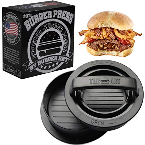 BURGER ART Burger Press with Recipe eBook, Different Size Patty Molds And Non Sticking Coating, Unique 3 in 1 Stuffed Hamburger Maker, with 30 Free Patty Papers, Discover New Tastes with