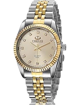 XLORDX Herren Armbanduhr Analog Quarz Strass Silber Gold Uhr mit Edelstahl Armband Gold Zifferblatt
