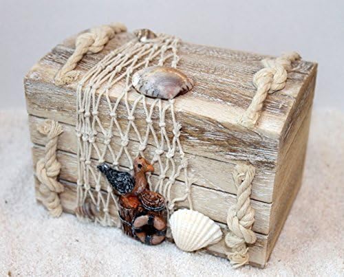 Wooden Chest 14 x 9 x 10 CM Driftwood Series: Maritime decorated with sea shell and Fishing Net-Seagull