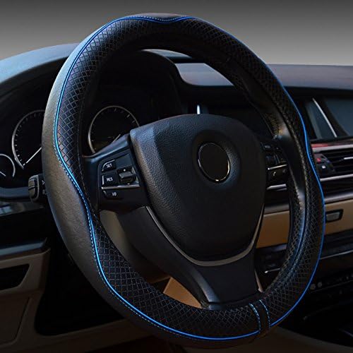 Car Genuine Leather Steering Wheel Covers Universal 15 inch/38CM  - Breathable, Anti Slip &amp; Odor Free Autour (Pattern A Blue)