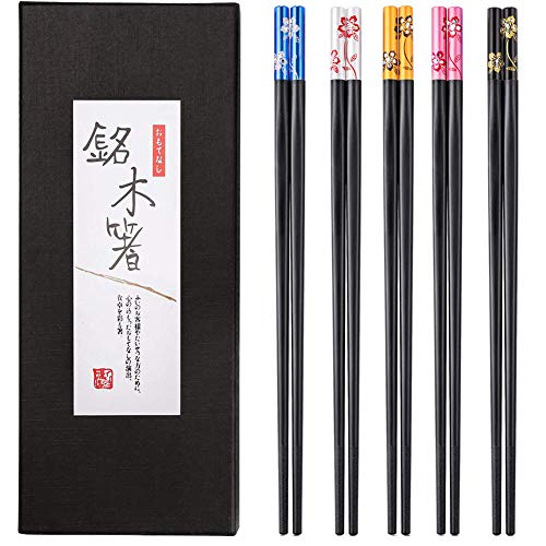 BHAHAI 5 Pairs Chopsticks, 5 Colors Fiberglass Chopsticks Beautiful Pattern Alloy Chinese Chopsticks Set Non Slip Reusable Chopsticks Dishwasher Safe Black Sushi Chopsticks