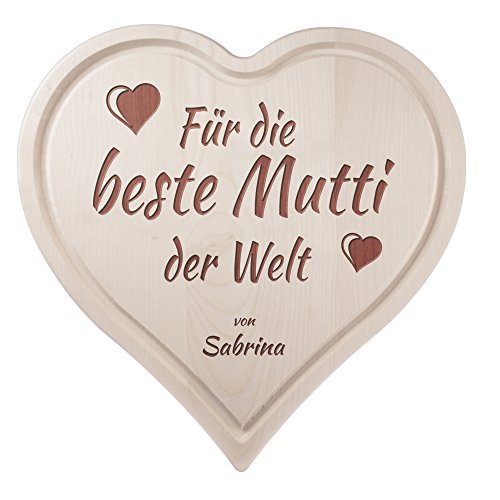 Schneidebrett Herz mit Gravur - Für die beste Mutti der Welt – Personalisiert mit Namen - Ideal als Muttertagsgeschenk - Frühstücksbrett - Küchenbrett - Deko aus edlem Ahorn Holz mit Saftrille