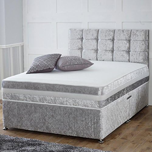 Hf4you 1,000 Pocket Memory Crushed Velvet Divan Bed - 5FT Kingsize - 2 Drawers Same Side - 24" Cube Headboard - Silver