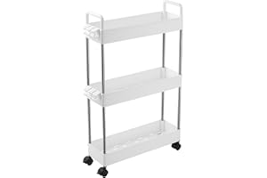 APUUCSE 3-Tier Slim Storage Trolley Slide Out Rolling Utility Shelf Rack Storage Cart on Wheels Multi-purpose Shelving Unit Organizer for Kitchen/Bathroom/ Laundry Room/Office,Plastic & Stainless Steel(White)