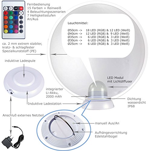 Kabellose LED Kugellampe, 30cm Kugel-Dekoleuchte mit Farbwechsel und Fernbedienung – Gartenleuchte, Kugelleuchte, Schwimmleuchte – hängend, stehend, schwimmend – wasserdicht für Haus und Garten - 7