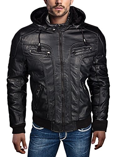 HERREN WINTER PU LEDER JACKE KAPUZE BIKERJACKE GEFTTERT SWEATJACKE, Farbe:Schwarz;Gre:XL