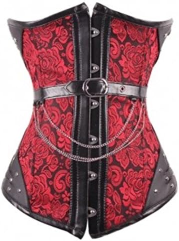 Harrowandsmith women's red basque top with chain spiral steel bond buckles hooks closure back design cord lacing matching string corsets punk themed Halloween party night out dancing
