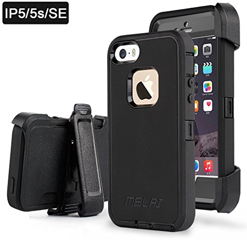 iPhone 5s/SE Case with Built-in Screen Protector, Full Protection [Black] w/ [Belt Clip] Kickstand, Heavy Duty Tough Shockproof Hybrid Hard Cover for Apple iPhone SE / 5 / 5S
