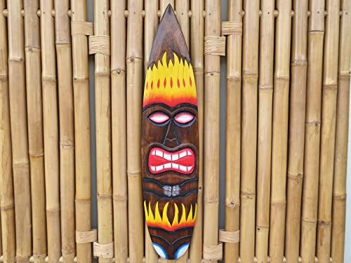 Wooden Hand Carved &amp; Painted TIKI FIRE Surfboard Plaque Mask 100cm.....