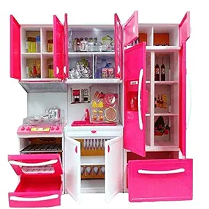 AVINT Kid playset Toy 3 Compartment Kitchen Set with Realistic Lights & Sounds Compartment 3 Kitchen Set for Girls 3 khana 3 Box Kitchen Set (Pink)