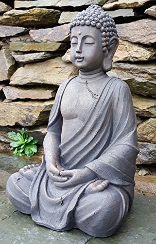 Großer sitzender Buddha in Stein-Optik für Innen / Außen dekorative thailändische Gartenskulptur, 39 cm - 2