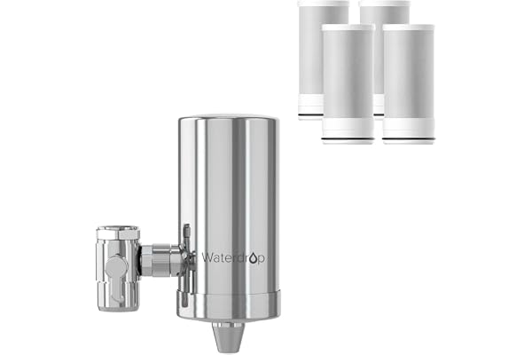 Waterdrop WD-FC-06 Filtre à Eau de Robinet en Acier Inoxydable,Système de Filtration d'eau à Bloc de Carbone,Filtre à eau du Robinet,Réduit le Chlore,les Odeurs et le Mauvais Goût(4 Filtres Inclus)