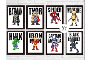 Safari Art Juego de 8 impresiones artísticas personalizadas de superhéroes para niños, póster de pared de Marvel, arte en lienzo de los Vengadores para habitación de niños, póster de HulkBatmanIron