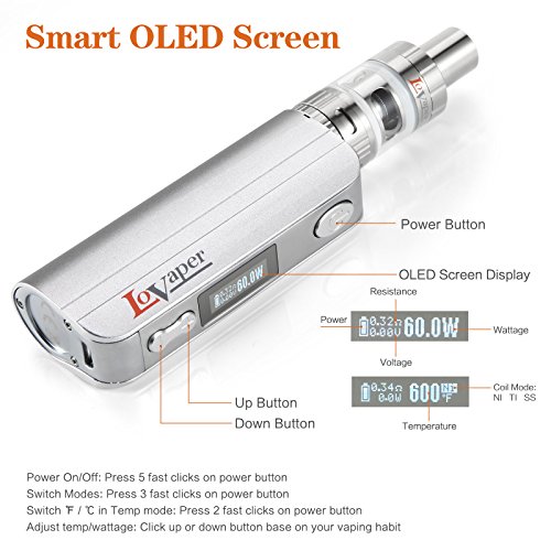 E Zigarette Starterset LoVaper® 60W Mod kit, 2200mAh Akku, Top Refill 0.3ohm/2.0ml Verdampfer Tank, TC(Temperaturregelung) Box Mod mit 18650 Integriertem Batterie, Electronic Cigarette Ohne Nikotin (Silber) - 4