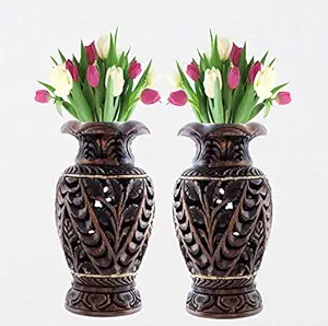 Varuna Arts Wooden Handmade Shikar Antique Flower Vase/Pot Set of 2 for Home Decoration Wooden Vase