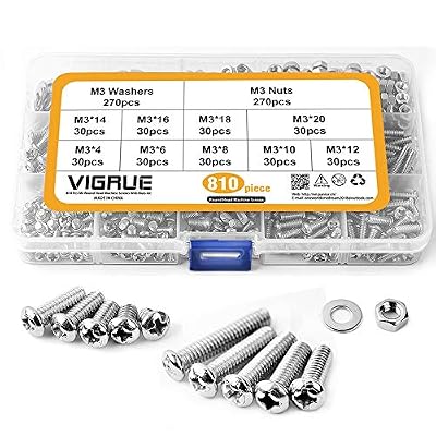 VIGRUE Kit 810PCS M3 Vis Coffret de Assortiment Boulon Tête Ronde Fraisée Cruciforme Entièrement Filetée en Acier Inoxydable avec Ecrous Hexagonals,Taille de M3*4/6/8/10/12/14/16/18/20MM