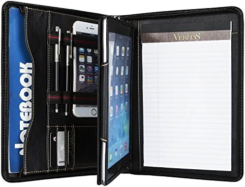 Black A4 Paper Document Padfolio Organizer Genuine Goatskin Leather Compact Portfolio Case Bag for iPad Pro10.5 inch