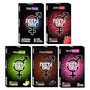 NOTTY BOY Honeymoon Condom Pack For Men- Ribbed, Dotted, Climax Delay, Chocolate, Strawberry, Apple Flavoured and Pleasure Shape Condoms - (5x10s)