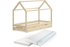 VitaliSpa Letto montessori bambini Wiki, Legno naturale, 90x200 cm con letto per ospiti e 2 materassi