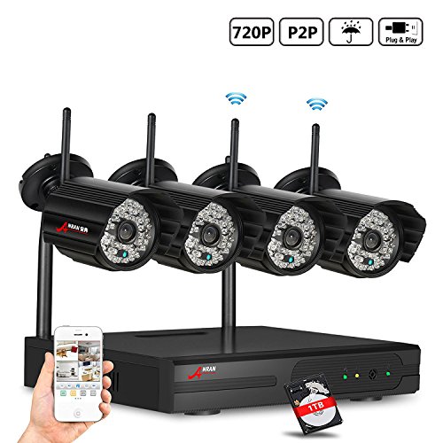 Preisvergleich Produktbild ANRAN 1080P drahtlose Sicherheitskameras IP-Bullet 4-Kanal 1080P WIFI NVR Heimvideoüberwachungssystem Plug and Play Innenraum Draußen Tag Nachtsicht 1TB Festplatte (720P 4ch Wireless Überwachungskamera System + 1 TB Festplatte-GB48)